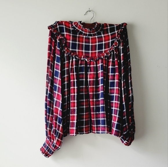 Free People plaid holiday‎ long sleeve top size XS - Picture 1 of 5